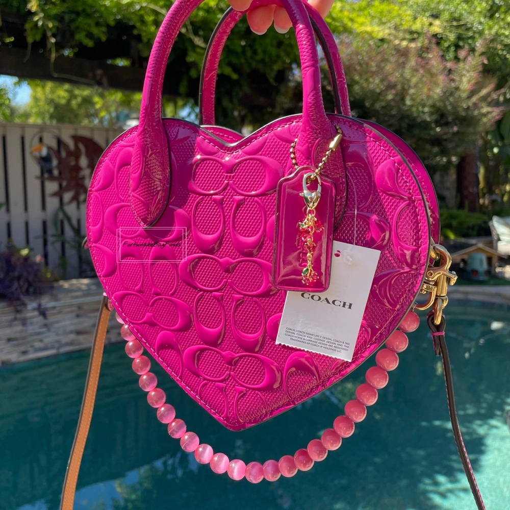 Coach Heart Crossbody CN600 Purple Pink Magenta with Cat Eye Crystal Chain - Picture 6 of 16